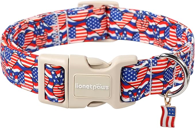 Lionet Paws 4th of July Dog Collar- Cute America Flag Pattern Dog Collars with Plastic Buckle and Flag Pendant, Light Adjustable Dog Collars for Small Medium Dogs