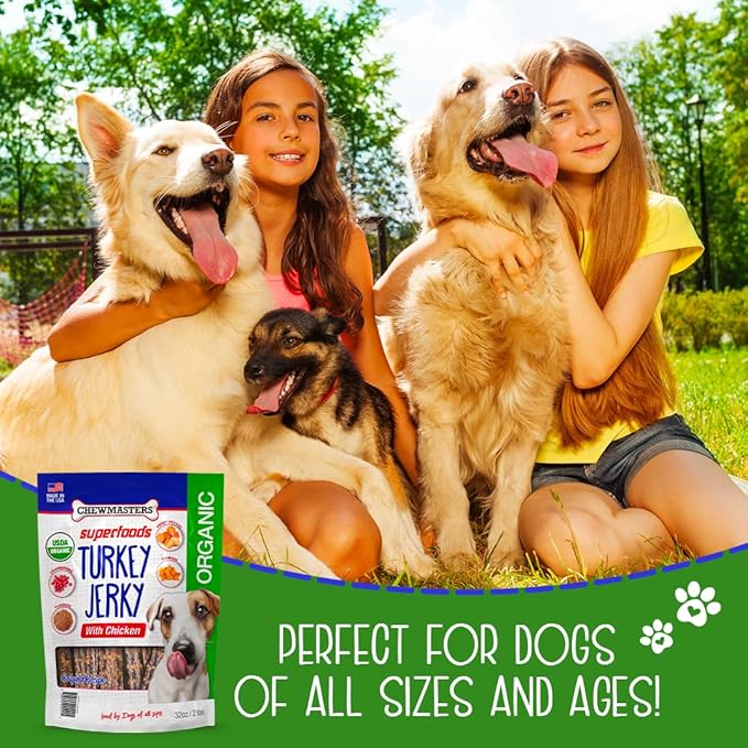 Organic Superfoods Turkey Jerky Dog Treats with Chicken, 2 Pound Bag, USDA Premium Organic Turkey, Made in The USA, by-Product Free, Real Meat Dog Treat, All Life Stages