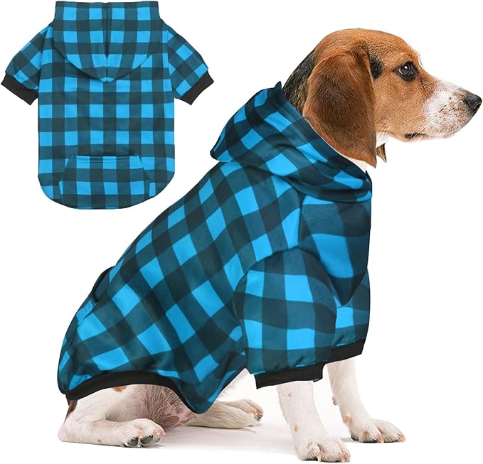 Plaid Dog Sweaters Hoodies Sweatshirts for Dogs Cats, Warm and Soft Cold Weater Coats for Christmas (Blue, Medium)
