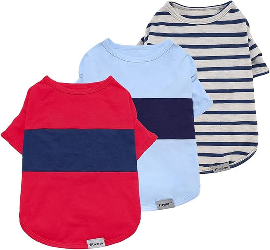 Fitwarm 3 Pack Color Block Striped Dog Shirt, Summer Dog Clothes for Small Dogs, Breathable Lightweight Pet Tshirt with Sleeves, Cat Outfit, Red, Blue, Grey