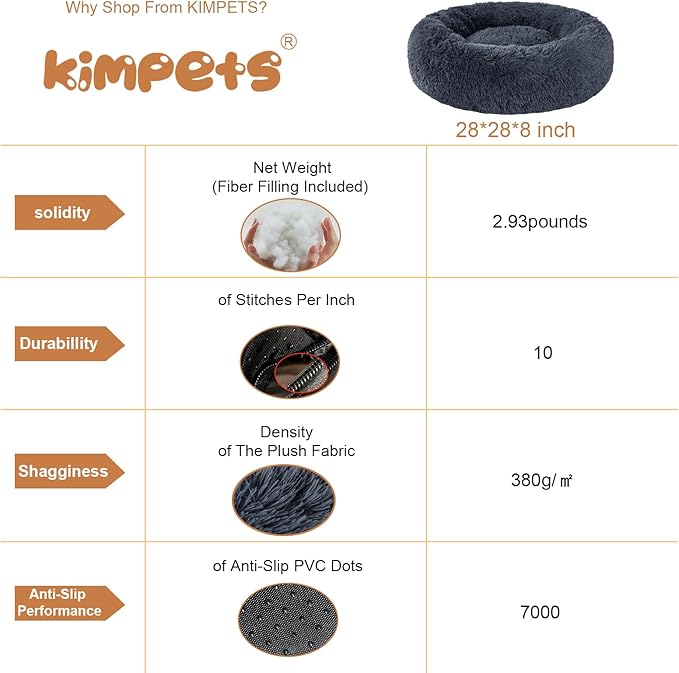 Dog Calming Beds for Small Medium Large Dogs - Round Donut Washable Puppy Dog Bed, Anti-Slip Faux Fur Fluffy Donut Cuddle Anxiety Cat Pet Bed(28" Dark Grey)