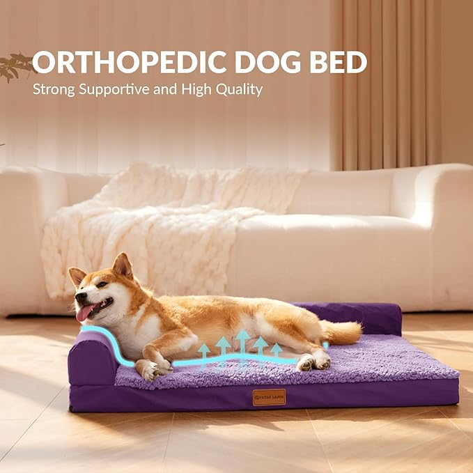 Patas Lague Orthopedic Jumbo Dog Bed for Extra Large Dogs 56''X40'', Waterproof L Shaped Jumbo Pet Sofa Beds with Removable Washable Cover, Soft Comfortable Pet Couch Mat with Nonskid Bottom, Purple