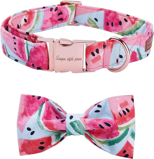 Unique style paws Bowtie Dog Collar Cotton Watermelon Collar Adjustable Summer Collar for Small Medium Large Dogs - S