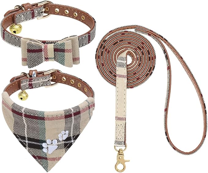 EXPAWLORER Dog Collar and Leash Set - Plaid Dog Collar with Pawprints and Bow Tie, Cat-Friendly, Beige S-M