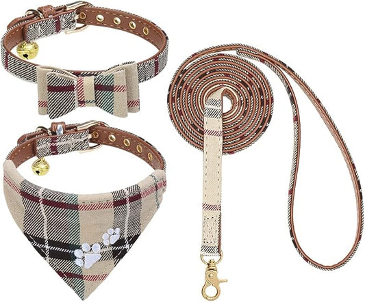 EXPAWLORER Dog Collar and Leash Set - Plaid Dog Collar with Pawprints and Bow Tie, Cat-Friendly, Beige S-M
