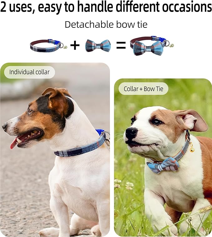 KUDES 2 Pack/Set Dog Collars with Bow Tie and Bells, Adjustable Cute Dog Bow Ties Collar for Small/Medium/Large Boys and Girls Pets (Pink+Blue, S(9.6''-13.8''))