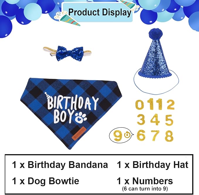 ADOGGYGO Dog Birthday Party Supplies, Multi Size Offered, Blue Birthday Boy Dog Bandana, Pet Party Hat with Numbers Bow for Medium Large Pets (Large)