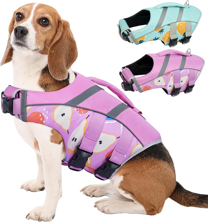 Kuoser Dog Life Jacket with Reflective Stripes, Puppy Water Vest for Swimming Boating, Adjustable High Visibility Dog PFD Vest with High Flotation Swimsuit, Pear L