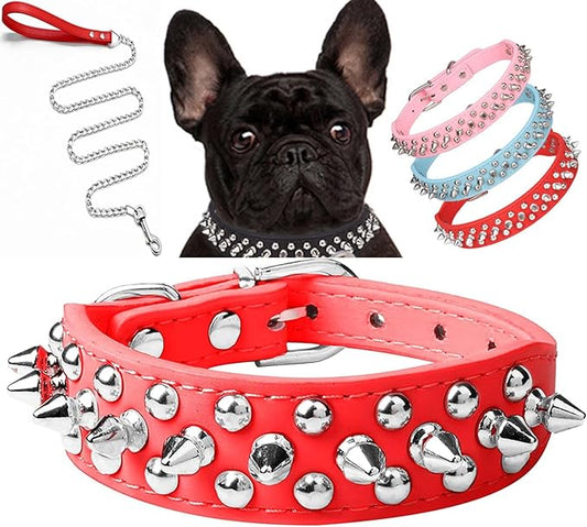 Spiked Dog Collar Soft Pu Leather Mushrooms Rivet Spike Studded Puppy Adjustable Pet Collars for Small Breeds (S, Red Set)
