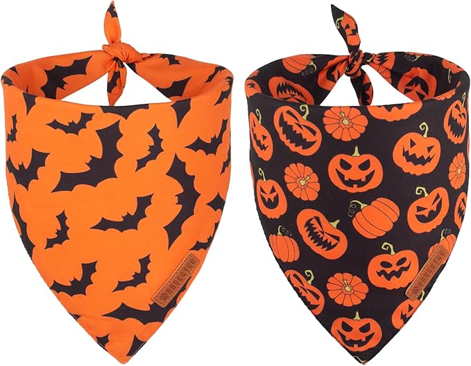 ADOGGYGO Halloween Dog Bandana, Pumpkin Bat Pet Scarf, Premium Durable Fabric, Orange Black Halloween Bandanas for Medium Large Dogs Pets (Large)