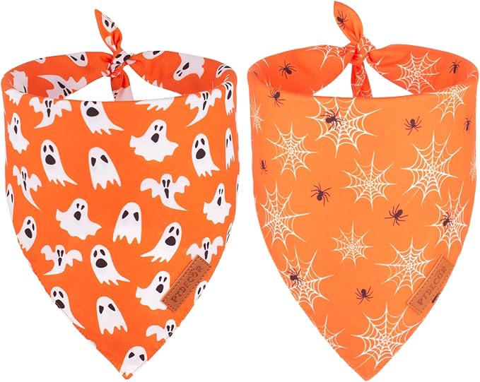 PTDECOR Halloween Dog Bandana, Reversible Holiday Pet Puppy Scarf, Multi Size, Triangle Halloween Bandanas for Small Dogs Puppies Cats (Orange, Small)