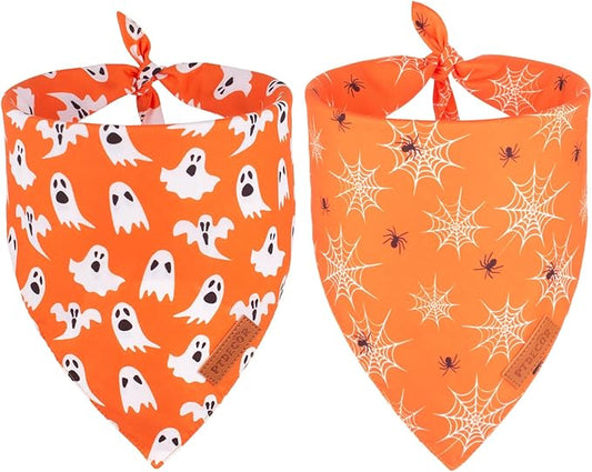 PTDECOR Halloween Dog Bandana, Reversible Holiday Pet Puppy Scarf, Multi Size, Triangle Halloween Bandanas for Small Dogs Puppies Cats (Orange, Small)