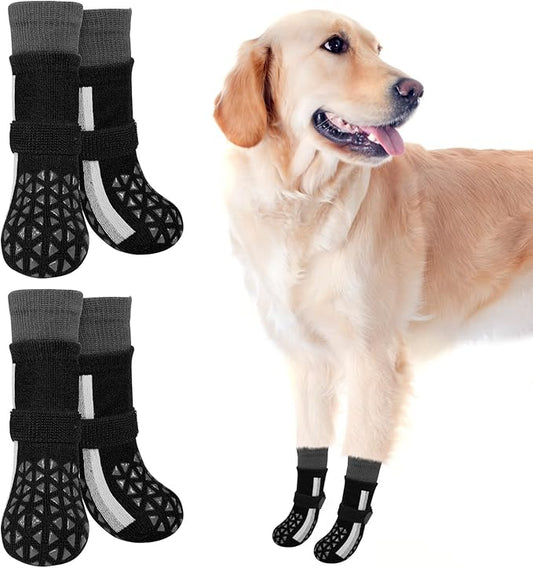 SCENEREAL Anti Slip Dog Socks for Hot Pavement to Prevent Licking Paws, Long Sporty Style Reflective Dog Grip Socks for Hardwood Floors, Dog Shoes Booties&Paw Protector for Large Senior Dog, Black XL