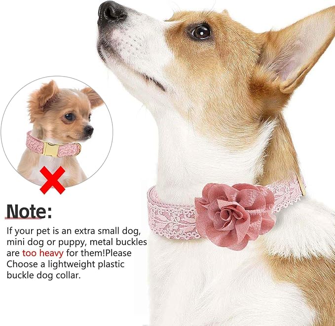 Pink Dog Collar Cotton Lace Handmade Embroidered Adjustable Dog Collar and Leash Set for Large Dogs with Rose Gold Metal Buckle & Fashion Flowers for Girl Dog Wedding Collar (Pink,M)