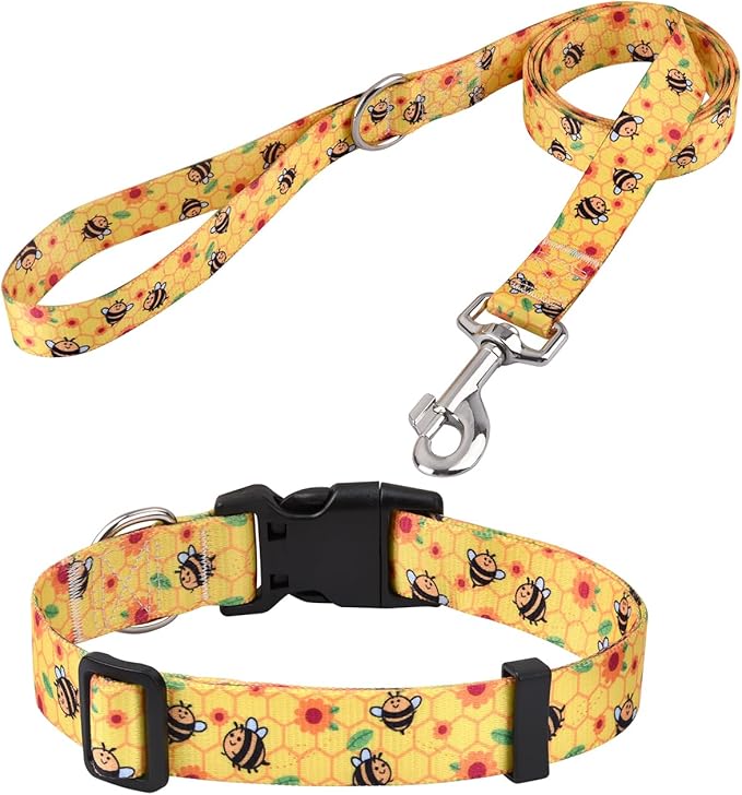 Dog Collar and Leash Set with Bohemia Floral Tribal Geometric Patterns - Soft Ethnic Style Collar Adjustable for Small Medium Large Dogs(Bee Set,M)