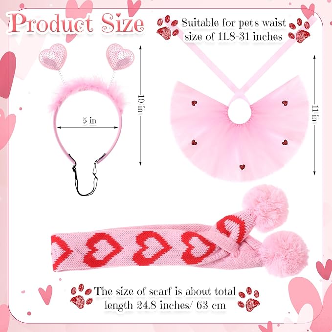3 Pcs Valentine's Day Dog Costume Set Including Pink Valentines Love Headband Valentines Dog Tutu Dress Cute Pet Tutu Pink Valentines Pet Scarf for Medium Dogs Holiday Outfit Accessory