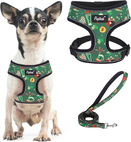 PUPTECK Soft Mesh Dog Harness and Leash Set Pet Puppy Cat Comfort Padded Vest No Pull Harnesses, St. Patrick's Deep Green, S