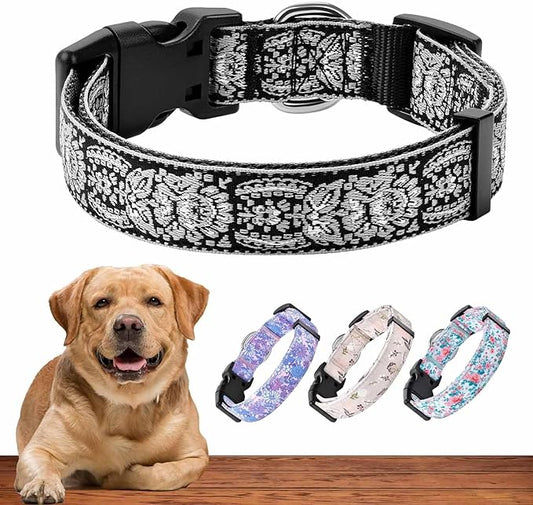 Dog Collar for Medium & Large - Black Silver Woven Pattern on Long Lasting, Adjustable, Strong and Durable Collars for Dogs - Choose from Stunning Patterns and Colors