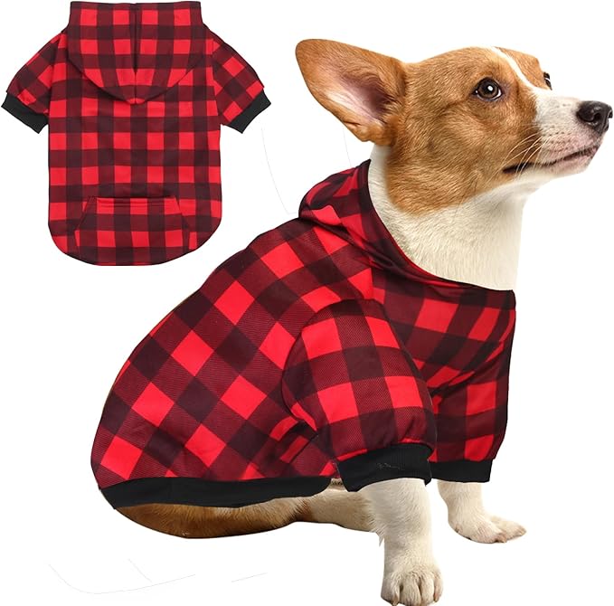 Plaid Dog Sweaters Hoodies Sweatshirts for Dogs Cats, Warm and Soft Cold Weater Coats for Christmas (Red, Small)