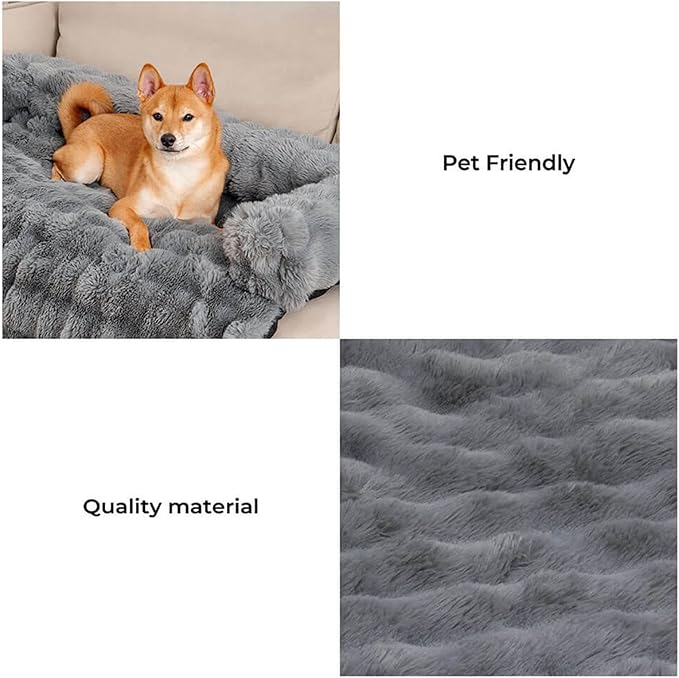 FUNNYFUZZY Calming Dog Bed Mat, Fluffy Fuzzy Couch Cover for Sofa, Furniture Protector with Removable Washable Cover for Small Dogs and Cats (Grey,33.45 × 28.35 × 5.51 in)