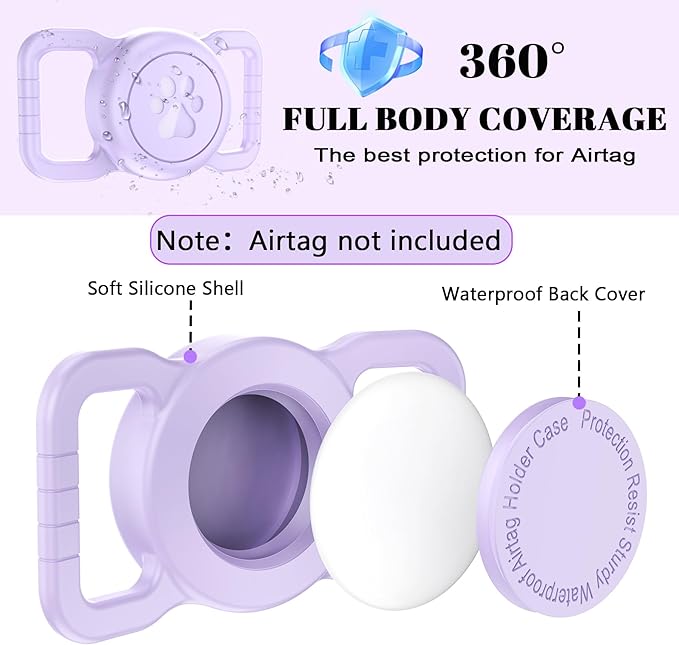 SANKALA Airtag Dog Collar Holder, [1 Pack] Waterproof Airtag Collar Holder for Dog, Silicone Full Body Covered Anti-Lost Protective Apple Airtag Case for Pet Collar - Fits All Width Collars, Purple