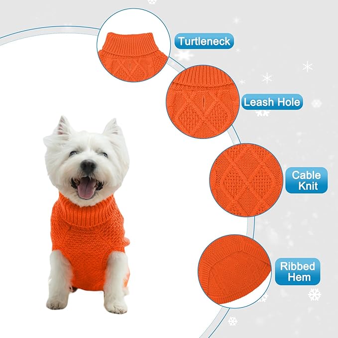 Mihachi Turtleneck Dog Sweater - Winter Coat Apparel Classic Cable Knit Clothes with Leash Hole for Cold Weather, Ideal Gift for Pet in New Year Orange Small/Medium