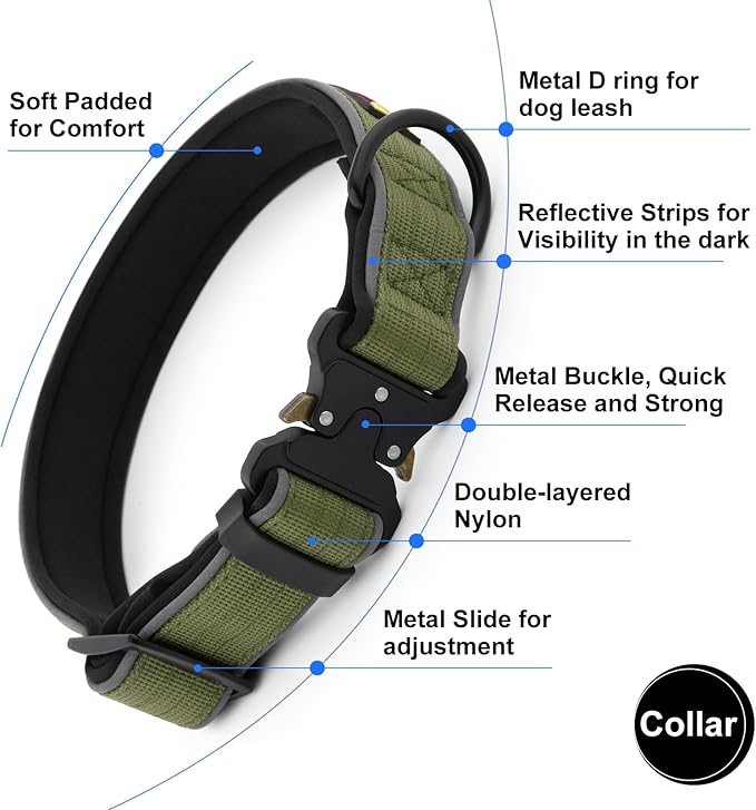Plutus Pet Tactical Dog Collar, Reflective, Adjustable Heavy Duty Dog Collar, Soft Padded and Comfortable, for Small Medium and Large Dogs (Ranger Green, XL)