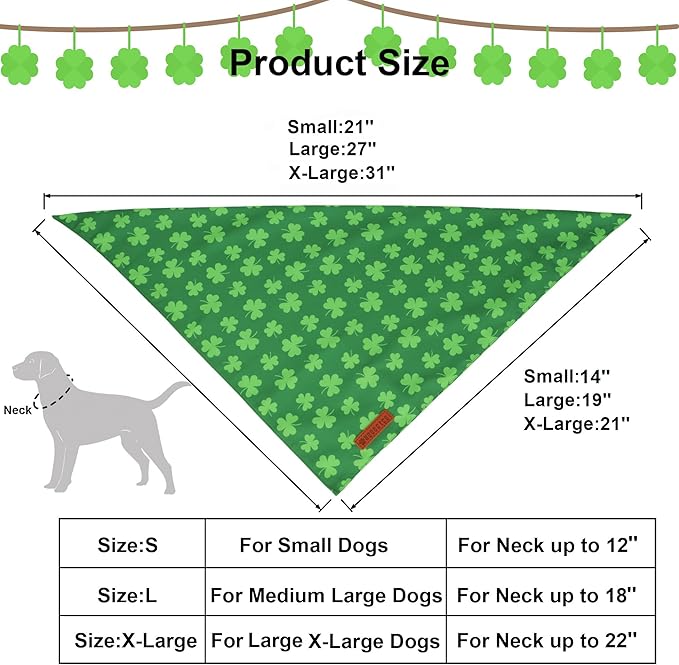ADOGGYGO St. Patrick's Day Dog Bandana, Green Shamrock Pet Scarf, Adjustable Fit Saint Patrick Bandanas for Medium Large Dogs (Large)