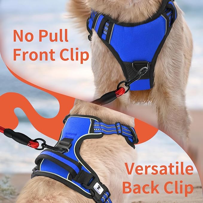 Dog Harness, No-Pull Pet Breathable Harness, Adjustable Soft Padded Dog Vest with 2 Leash Clips, Reflective No-Choke Pet, Easy Control Handle for Large Dogs, Blue, L