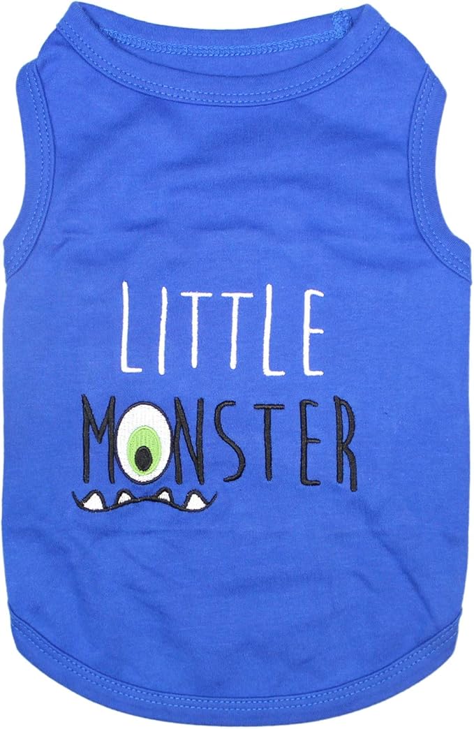 Parisian Pet Dog Tshirt - Embroidered “ Little Monster “ Boy Dogs Apparel - Pure Cotton and Lightweight Dog Clothes - Sleeveless Blue Doggy Tee Shirts - Machine Washable Shirt for Large Dogs - 2XL