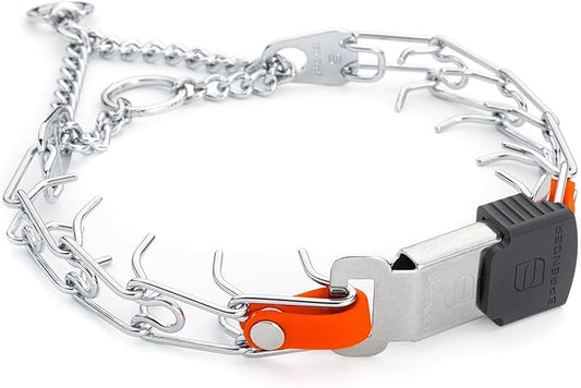 Herm Sprenger Chrome Plated Steel Dog Collar with Quick Release ClicLock Buckle and Biothane Insert Training Collar for Dogs Made in Germany (Hunter Orange, 16in x 2.25mm(Neck Size up to 13-14in))