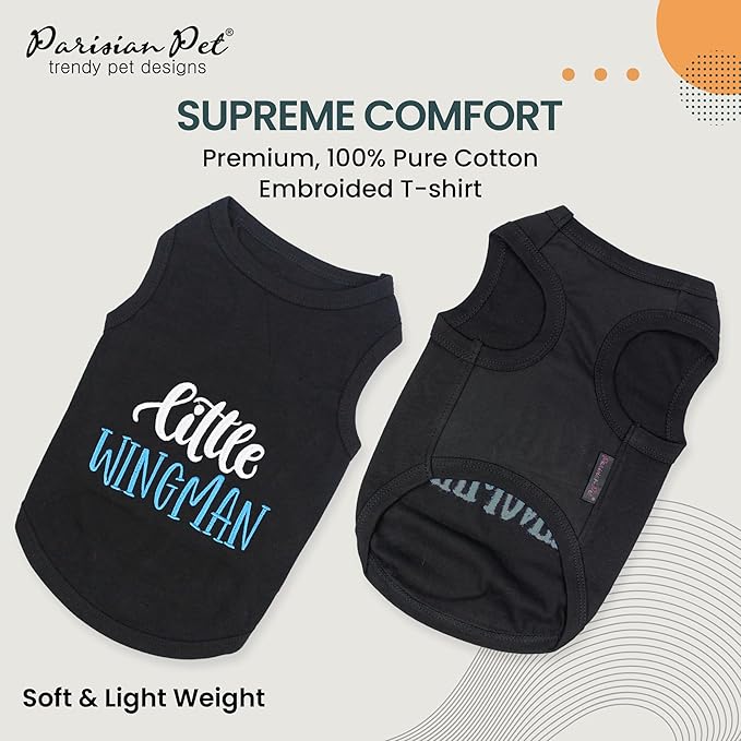 Parisian Pet Embroidered 'Little Wingman' Sleeveless Black Dog Tee - Pure Cotton, Lightweight, Machine Washable - 3XL