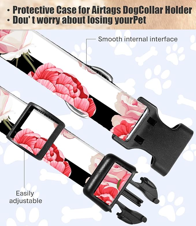Dog Collar, Cute Dog Collar for Small Medium Large Dogs, Personalized Adjustable Soft Pet Collars with Quick Release Buckle for Walking Running, Black White Red Flowers
