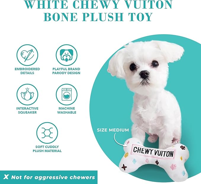 Haute Diggity Dog White Chewy Vuiton Bone, Plush Designer Dog Toys with Interactive Squeaker, Stimulating Pet Enrichment, Machine-Washable & Safe Materials for All Breeds, Size Medium