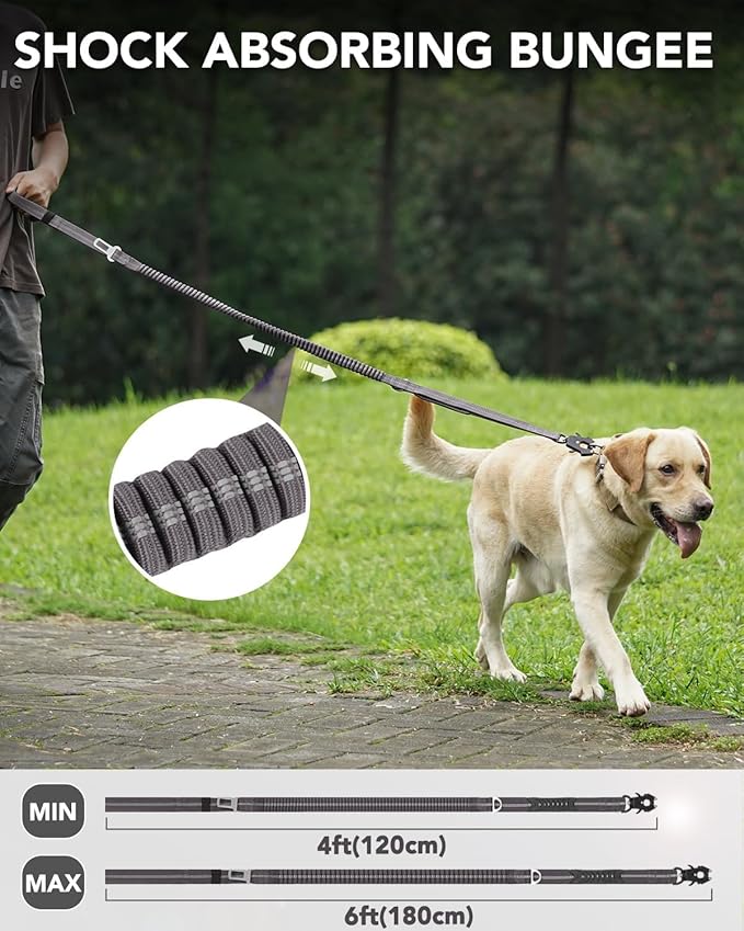 Joytale Tactical Dog Leash Heavy Duty, 4-6FT Shock Absorbing Bungee Lead with 2 Padded Handle, Metal Carabiner Clip, Car Seatbelt, Strong No Pull Leash for Medium Large X-Large Dogs, Gray