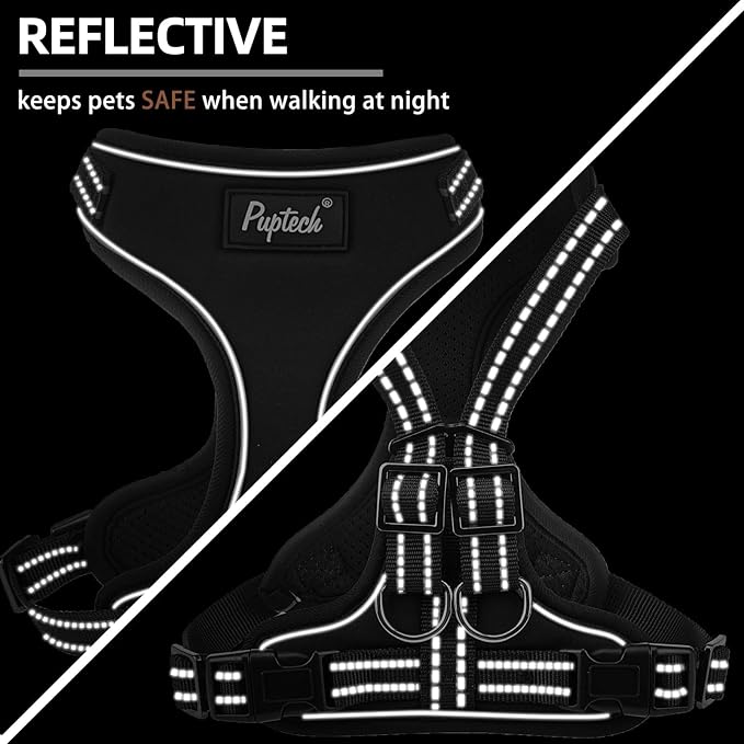PUPTECK Dog Harness and Leash Set for Small Medium Sized Dogs, No Pull Dog Harness for Walking Training, Adjustable Reflective Puppy French Bulldog Frenchie Harness Soft Padded Vest, Black, L