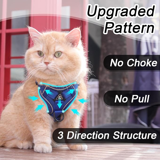 Cat Harness and Leash Set Escape Proof, Upgraded Adjustable Vest with Lead for Kitten Puppy Outdoor Walking, Soft Breathable Mesh Jacket with Reflective Strips for Dark Night (M, Blue)