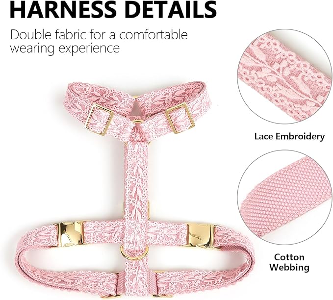 Embroidered Dog Harness and Leash Set for Medium Dogs Adjustable Cotton Lace Handmade 4-5 FT Leash with Bowknot Flower Gift for Female Dog M