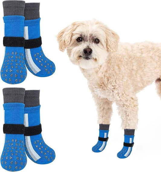 SCENEREAL Anti Slip Dog Socks for Hot Pavement to Prevent Licking Paws, Long Sporty Style Reflective Dog Grip Socks for Hardwood Floors, Dog Shoes Booties&Paw Protector for Small Senior Dog, Blue S