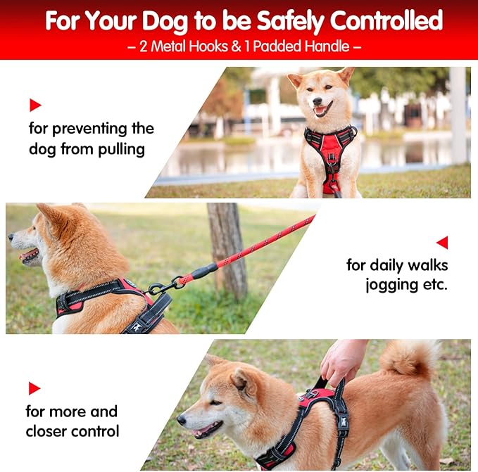 PoyPet Dog Harness and Leash Combo, Escape Proof No Pull Vest Harness, with 5 Feet Leash, Reflective Adjustable Soft Padded Pet Harness with Handle for Small to Large Dogs(Red,L)