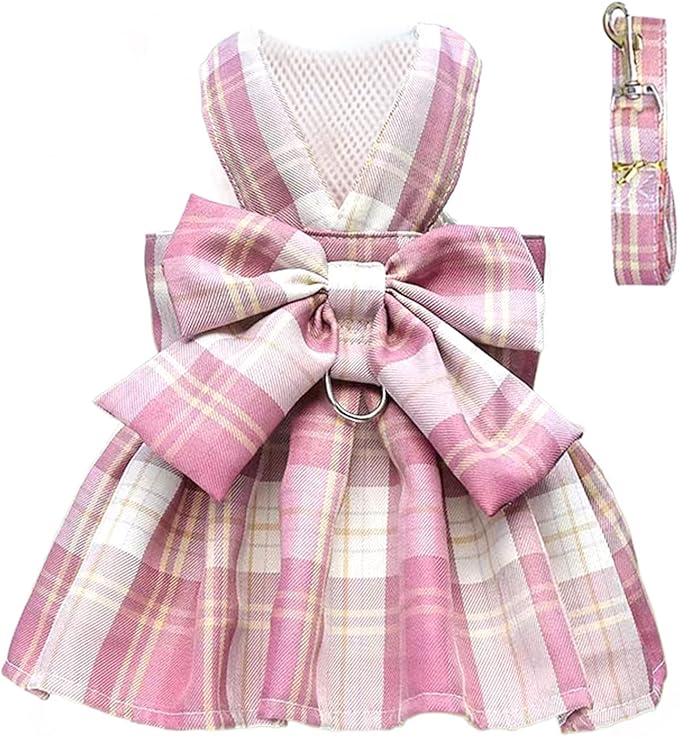 PETCARE Plaid Dog Dress Bow Tie Harness Leash Set for Small Dogs Cats Girl Cute Princess Dog Dresses Spring Summer Puppy Bunny Rabbit Clothes Chihuahua Yorkies Pet Outfits