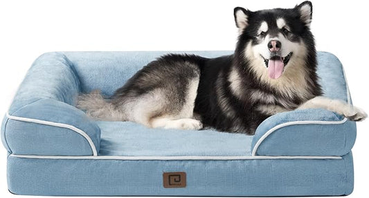 EHEYCIGA Orthopedic Dog Beds for Extra Large Dogs, Waterproof Memory Foam XXL Dog Bed with Sides, Non-Slip Bottom and Egg-Crate Foam Big Pet Couch Bed with Washable Removable Cover, Washed Blue