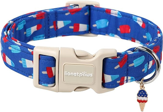 Lionet Paws 4th of July Dog Collar- Cute Blue Red Popsicle Dog Collars with Plastic Buckle and Icecream Pendant, Light Adjustable Dog Collars for Small Dogs