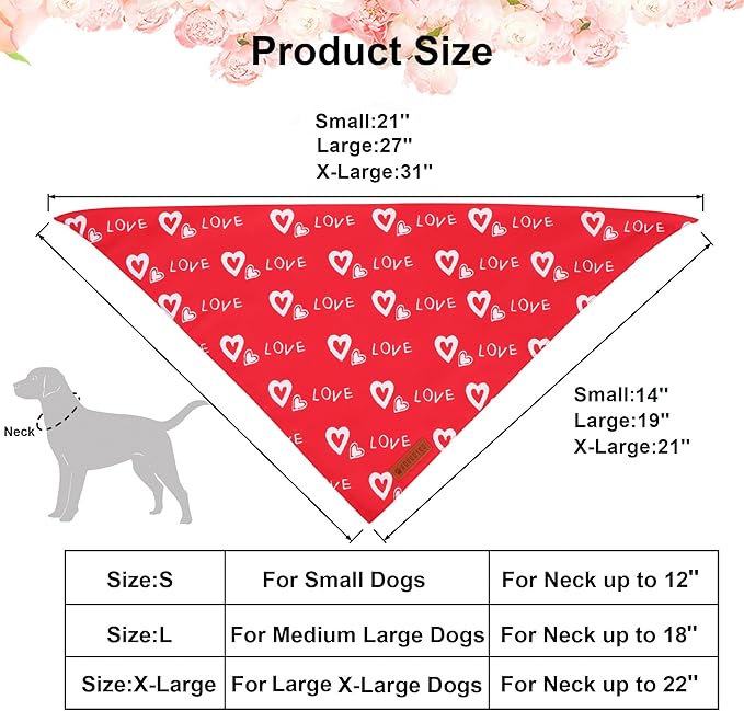 ADOGGYGO Valentine Dog Bandana, Red Blue Heart Pet Scarf, Premium Durable Fabric, Adjustable Fit Pet Valentine Bandanas for Medium Large Dogs (Large)