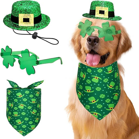 3 Pcs St Patrick's Day Dog Costume Leprechaun Pet Top Hat Irish Shamrock Bandana Green Four-Clover Sunglasses Triangle Bib Scarf Saint Patrick's Day Outfits for Medium Large Dogs