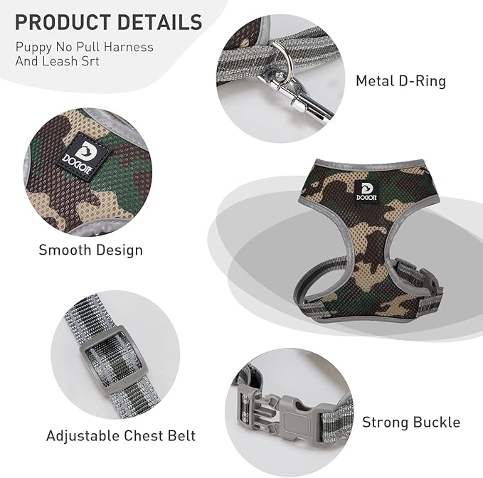 Puppy Harness and Leash Set - Dog Vest Harness for Small Dogs Medium Dogs- Adjustable Reflective Step in Harness for Dogs - Soft Mesh Comfort Fit No Pull No Choke (Medium, Camouflage Green)