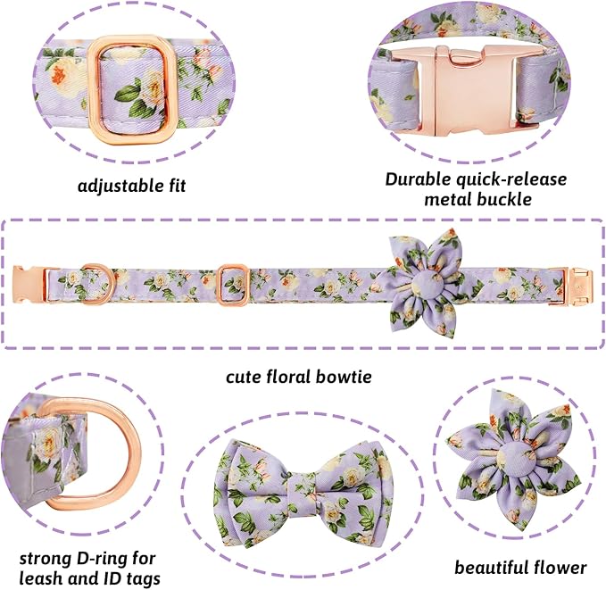 Dog Collar and Leash Set Girls Adjustable Puppy Collars with Floral Bow Tie for Small Medium Large Female Dogs, Light Purple Flower, XS