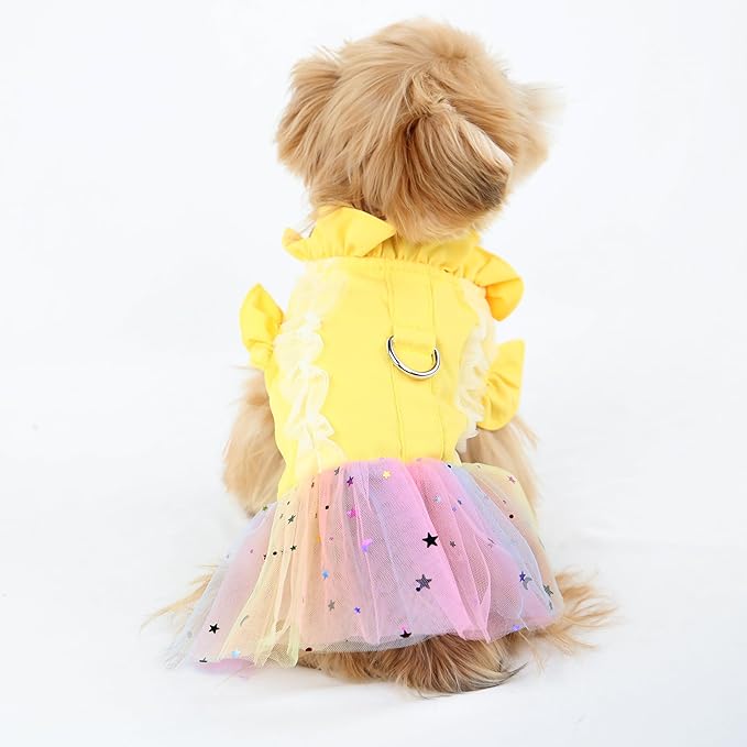 Dog Lace Dress,Dog Dress for Small Dogs,Back Traction Buckle,Dog Clothes,Cat Apparel,Pet Skirt,Yellow,L