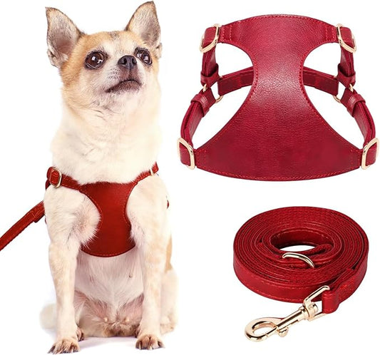 Didog Small Dog Harness and Leash Set, Soft & Lightweight Dog Vest Harness, Adjustable Leather Dog Harness for Small Dogs, Red, S