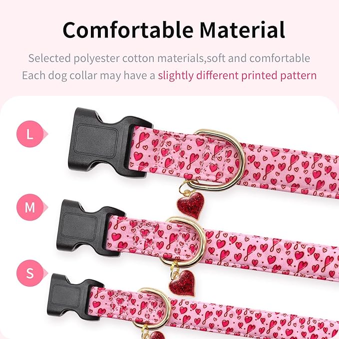 Cotton Dog Collar,Valentine's Day Soft and Cute Puppy Collars with Hearts Patterned Design for Girl Female Boy Dogs,Adjustable Buckle Pet Collar for Small Medium Large Dogs (Red Love Heart, S)